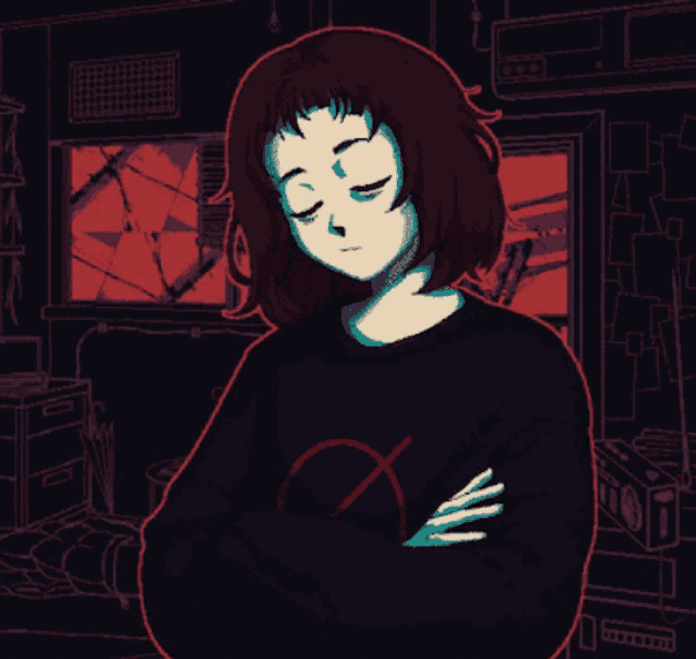 An animation of the protagonist from the game 'Milk Outside a Bag of Milk Outside a Bag of Milk'. The overall art style is pixelated and slightly rough. The protagonist is standing in front of a window in a dimly-lit room, with the window showing an abstract pattern of purple and red. The protagonist has neck-length messy brown hair, red eyes with teal under-eyes, off-white skin with minimal teal shading, and a black long-sleeved shirt. The symbol on the shirt is a red circle, struck through diagonally from right to left. She has her arms crossed. In the animation she's making eye contact with the viewer, blinks and looks around the room, looks back at the viewer again with a slight smile, and begins visibly talking with no dialogue shown on screen.